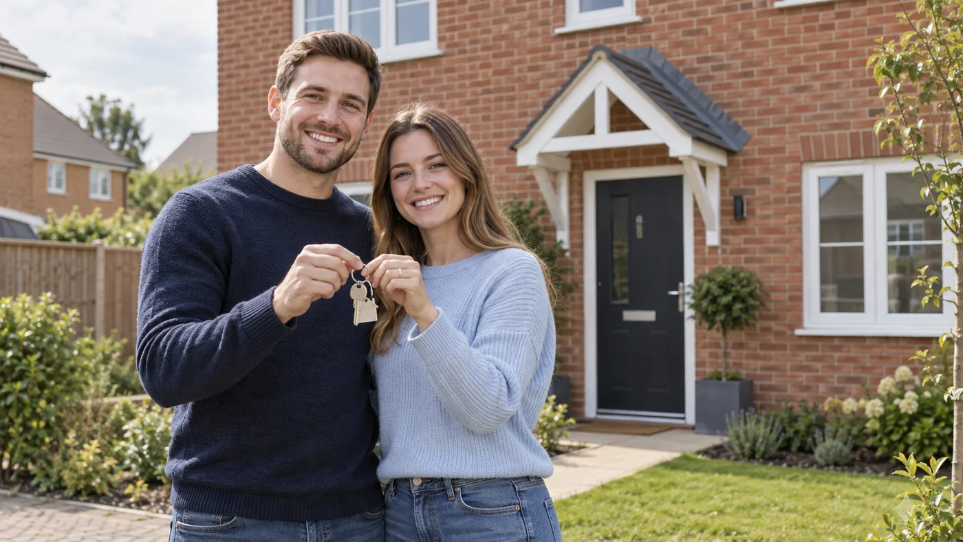 Illustration of a young couple with keys to a new home
